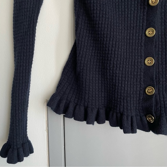 JUICY COUTURE Navy Ribbed Button-Up Cardigan with Ruffles - Picture 2 of 9